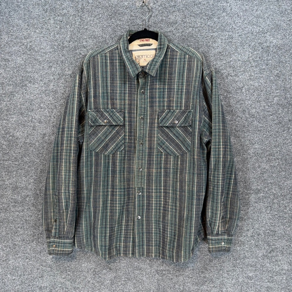 Gramicci Flannel Shirt Mens XL Green Striped Long Sleeve Thick Outdoors Vintage